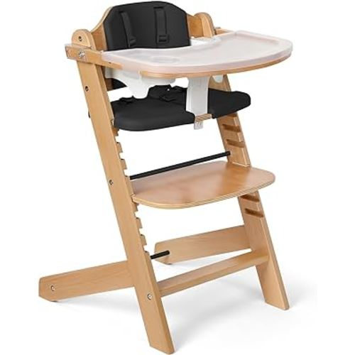Cowiewie Natural Wooden High Chair for Babies & Toddlers 3-Tier Remove & 2 Adjustable Tray, 8 Adjustable Highchair with Cushions, Easy to Clean (Black)