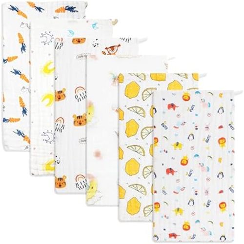 Baby Burp Cloths Muslin Washcloths 6Pack - Muslin Burp Cloths Hanky Large 20''x10'' Extra Soft Absorbent Baby Burp Rags for Newborn 100% Cotton for Boys Girls Gift 6 Layers Machine Washable