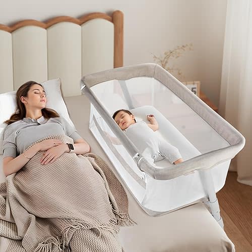 Cowiewie Bassinet Bedside Sleeper,Baby Bassinets Higher Place Over Bed,5-Position Adjustment Baby Crib,Breathable 360° Mesh Sides Bedside Bassinet,Space-Saving Bedside Cribs, Height(37.4-41.3") Beige