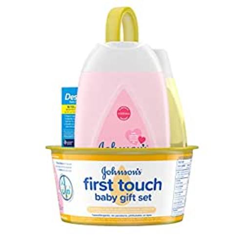 Johnson's First Touch Baby Gift Set, Baby Bath, Skin & Hair Essential Products, Kit for New Parents with Wash & Shampoo, Lotion, & Diaper Rash Cream, Hypoallergenic & Paraben-Free, 4 items