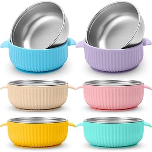 Nuogo 6 Pcs Stainless Steel Baby Bowls with Removable Silicone Shell 304 Toddler Bowls Kids Anti Scald Snack Container for Food Feeding, Dishwasher Safe(Multicolor,Suction-c)