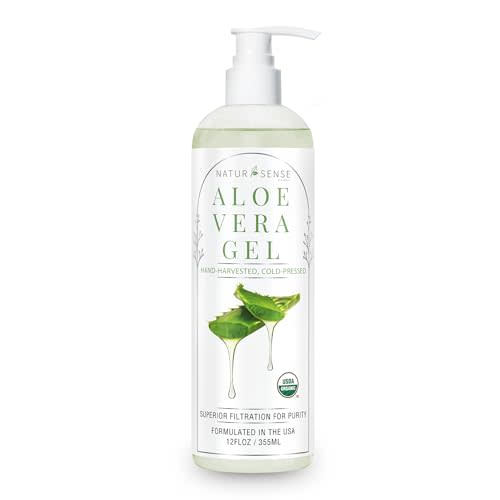 NTRSNS NaturSense Organic Aloe Vera Gel from 100% Pure Aloe. Great for Hair, Scalp, Face, Dry Skin, Acne, Winter Skin, Sunburn, Sensitive Skin. Unscented, USDA Certified, 12 oz.