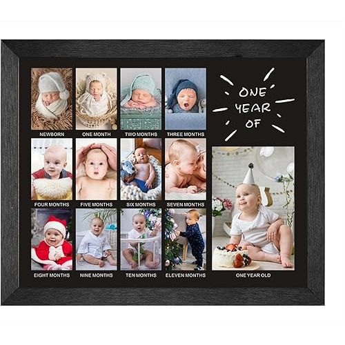 comurdyo My Baby First Year Picture Frame 12 Months Baby Keepsake Photo 13 Photo Inserts First Birthday Monthly Photo Collage Gender Neutral Baby Milestone Wall Hangins New Mom Gift (Black1)