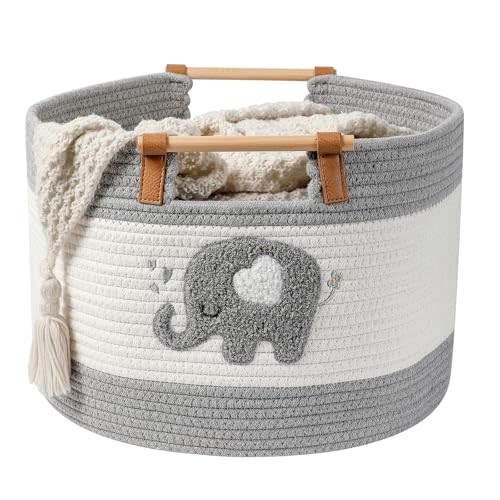 Large Blanket Basket 35L Cotton Rope Basket with Wooden Handles Woven Baskets for Kids Stuffed Animal Toys Storage for Nursery, Laundry Hamper Clothes Baby Hamper Boys Gift Basket Empty, (Elephant ）