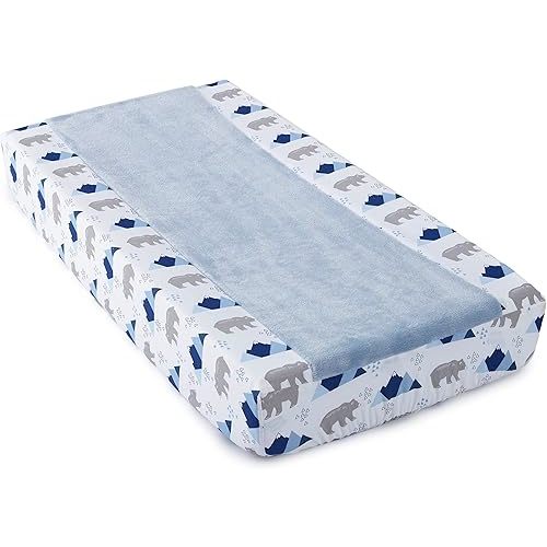 Levtex Baby - Trail Mix Diaper Changing Pad Cover - Fits Most Standard Changing Pads - Blue Plush, Grey Bears and Blue Mountains - Nursery Accessories - Plush