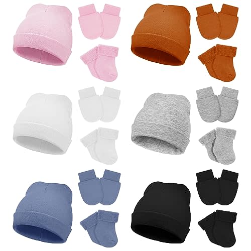 Toulite 6 Pack Preemie Hats Mittens and Socks Set Cotton Preemie Beanie Hat Socks and No Scratch Mittens