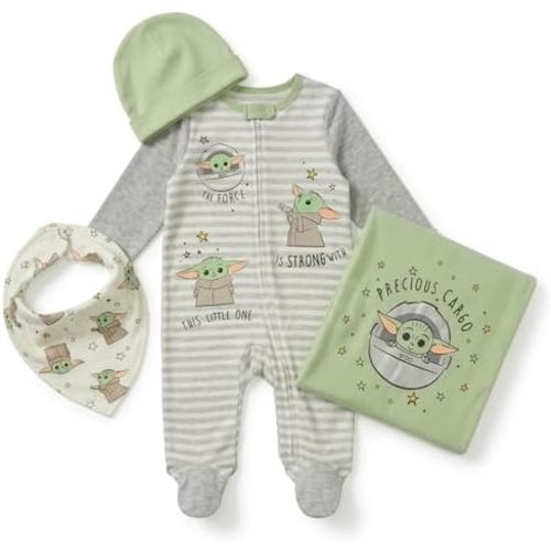 STAR WARS The Mandalorian The Child Zip Up Sleep N' Play Coverall Bib Blanket and Hat 4 Piece Outfit Set Newborn