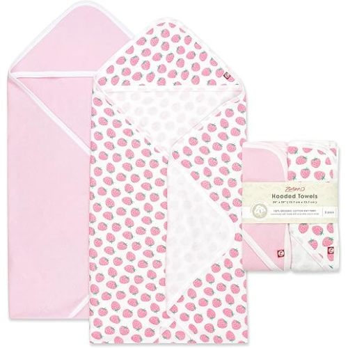 Zutano Hooded Baby Towels, Organic Cotton Baby Bath Towel, Ultra Soft and Absorbent Baby Towel for Newborn and Infant | Girl, Boy, and Unisex Towel Set, Strawberries, 2-Pack