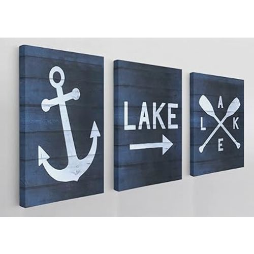 Lake Paddle Nautical Anchor Navy Blue Wall Art Canvas Farmhouse Lake Theme 11x14 Inch Prints(Set Of 3) Decor For Home Bedroom Living Room Lake House Porch Camper Cabin,Gift For Women Men Lake Lovers
