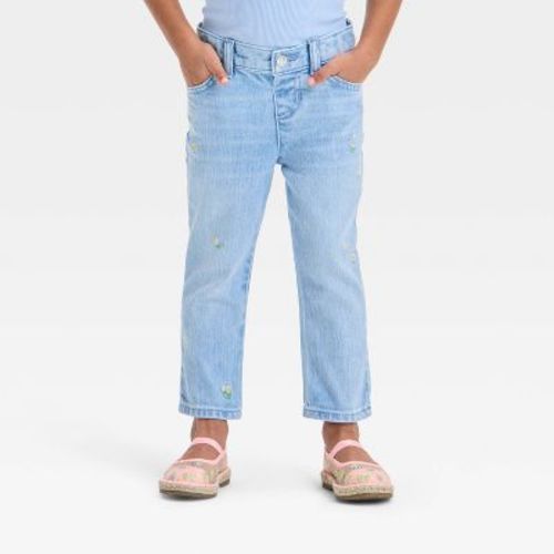 Toddler Girls' Embroidered Daisy Pants - Cat & Jack™ Light Wash 12M: Denim, Adjustable Waistband, Pockets