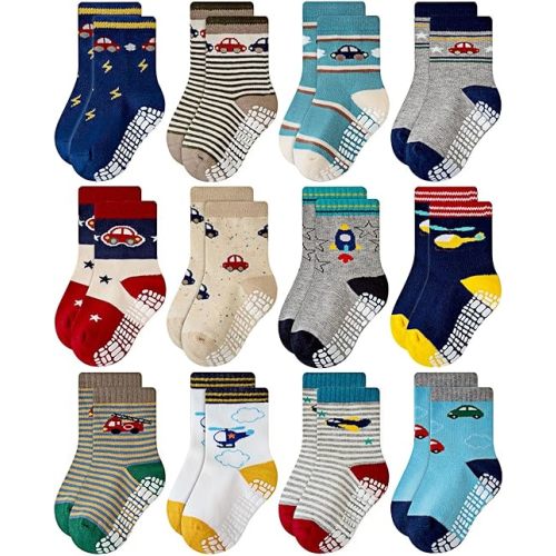 RATIVE Toddler Socks with Grips Baby Socks, Non Slip Baby & Toddler Crew Socks for Boys Girls, Breathable Cotton Socks
