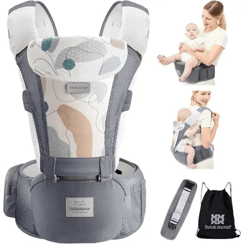 Bebamour Mesh Newborn Baby Carrier Front and Back Carry Baby Newborns to Toddler Baby Hip Carrier (Flower Grey)