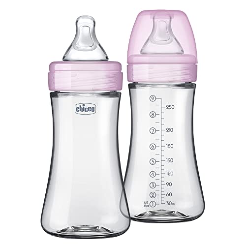 Chicco Duo 9oz. Hybrid Baby Bottle with Invinci-Glass Inside/Plastic Outside 2 Count (Pack of 1) with Slow Flow Anti-Colic Nipple - Pink