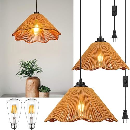 Plug in Pendant Light, Rattan Hanging Lights with Plug in Cord 13FT Hemp Black Cord, On/Off Switch Chandelier for Boho Living Room Bedroom Kitchen(Bulb Included) Brown-12 x 6 inch - 2 Pack