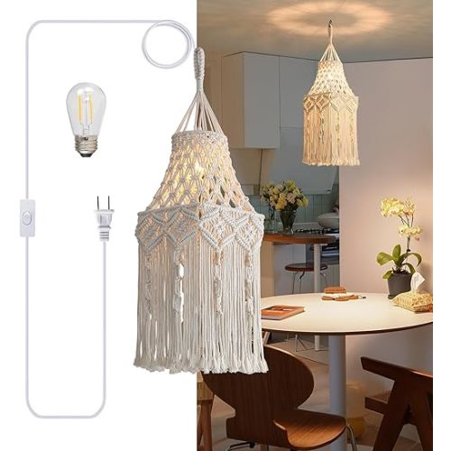 Bioaqua Boho Lamp Shade,Boho Hanging Lamp Handmade Macrame Lamp Shade Plug in Pendant Light,Bohemian Hanging Lights with Plug in Cord Light Fixtures for Boho Bedroom Decor Living Room (Type4)