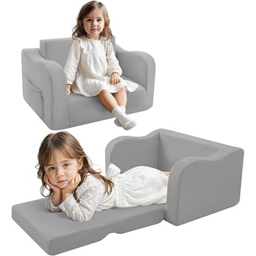 MeMoreCool Fold Out Kids Couch Toddler Chair, Convertible Baby Sofa Recliner for Toddlers 1-4, Comfy Foldable Lounge Chair and Pull Out Bed for Boys and Girls, Grey