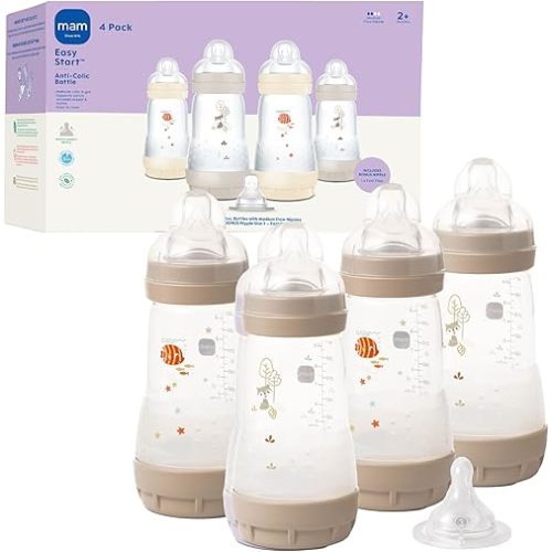 MAM 9oz Easy Start Anti-Colic Baby Bottles, Medium Flow with Bonus Fast Flow Nipple, Breastfeeding-Like Silicone, Reduces Colic and Gas, Easy-to-Clean, BPA-Free, 2 Plus Months