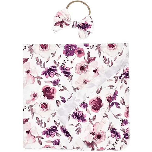 Baby Swaddle Blanket Newborn Girl Swaddle and Headband Set Purple Flowers Floral Print Wrap Shower Gift