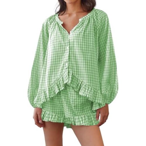 Tsultryofs Women 2 Piece Gingham Pajama Sets Puff Sleeve Button Down Peplum Tops and Y2k Ruffle Lounge Shorts Sleepwear
