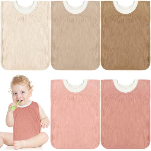 Newwiee 5 Pcs Large Muslin Pullover Baby Bibs Full Coverage Toddler Slip on Absorbent Bib Waterproof Toddler Towel Bibs (Cute Color)