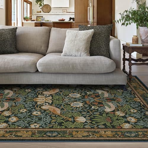 Ruggable x Morris & Co Washable 5x7 Area Rug, Strawberry Thief Indigo, Premium Rugs for Living Room, Bedroom, Kitchen, Office, Classroom with Gripper Non Slip Pad