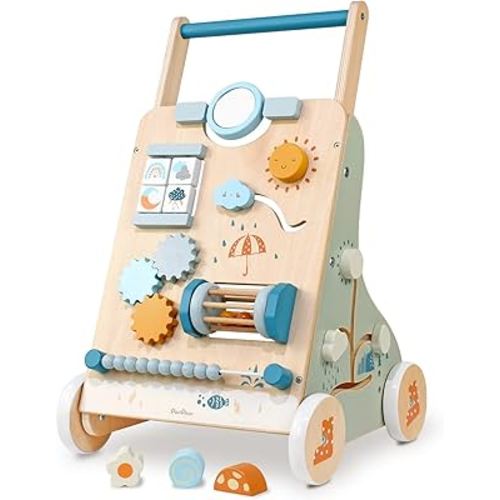 PairPear Wooden Baby Walker, Toddler Push Walker Activity Center Toys with Shape Sorter Gift for Boys Girls 1 2 3 Year Old