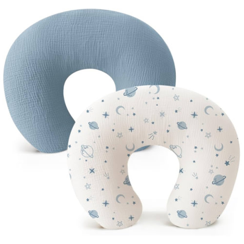 Konssy 2-Pack Muslin Nursing Pillow Covers, Soft & Adorable Nursing Covers for Breastfeeding Pillows, Slipcovers for Newborn Boys & Girls(Blue, Star)