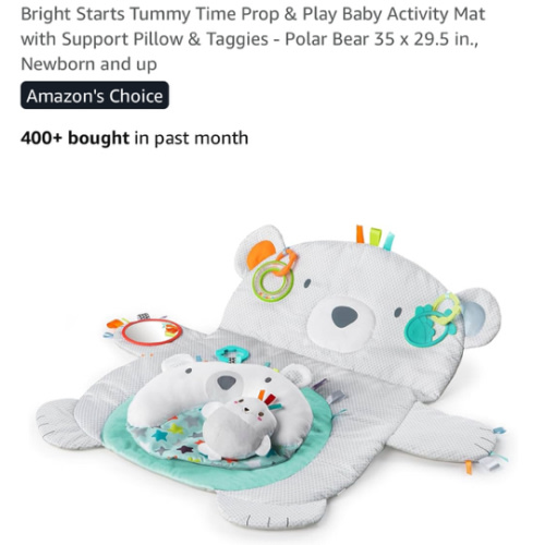Bright Starts Tummy Time Prop & Play Baby Activity Mat with Support Pillow & Taggies - Polar Bear 35 x 29.5 in., Newborn and up