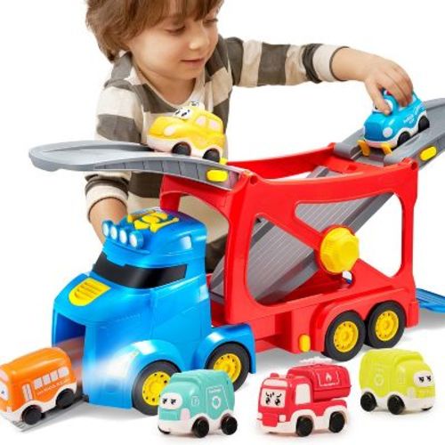 Joyfy Extra Large Toy Cars for Toddlers, 17” Trucks Toys for Boys 2 3 4 Year Old with Siren & Lights and 6 Cars, Birthday Gifts for Boys Kids