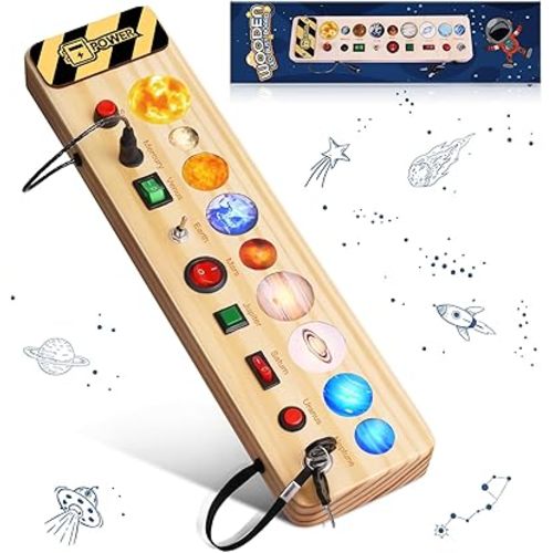 Solar System Busy Board Montessori Toys for Toddler, Wooden Sensory Board Switch Space Toy LED Light Up Travel Toys Educational Plane Travel Activity for Year Old Girls & Boys Gifts