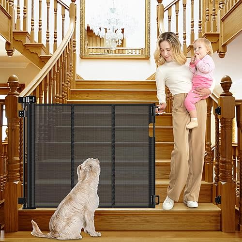 Reinforced Retractable Dog Gate for Stairs 55 Inch Adjustable Brackets and Detachable Latches Retractable Baby Gate Retractable Mesh Gate for Kids and Pets Banister to Banister Mesh Pet Gate for Stair