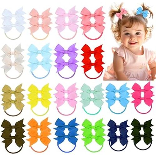 Baby Hair Ties for Little Girls Small Hair Bands No Damage Multicolor Nylon Hair Rubber Bands for Toddler Hair Ties Accessories (40pcs-bow)