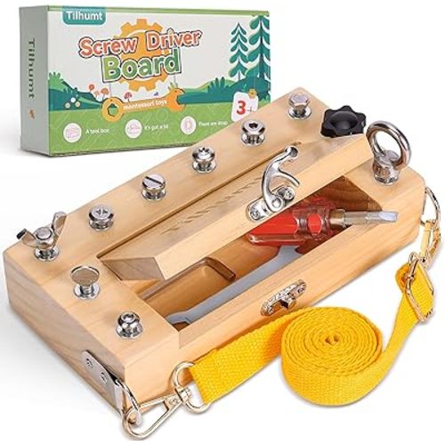 Tilhumt Montessori Screwdriver Board Set - Portable Kids Screwdriver Toy Set with Carry Strap & Storage Box, Nut/Bolt Montessori Learning Tools for Toddlers 3 4 5 Years