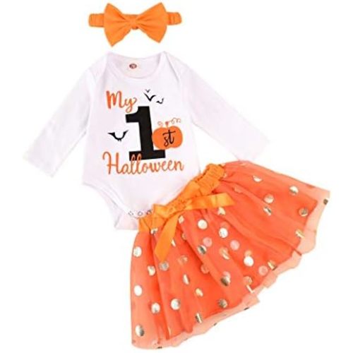 My First Halloween Outfit for Baby Girl Pumpkin Bodysuit and Tutu Skirt with Bow Headband Clothes 3 Pcs Set