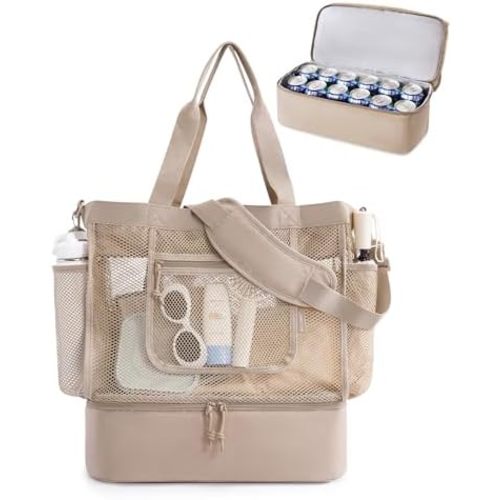 BAGSMART Beach Bag for Women, Mesh Tote Bags with Zipper, Sandproof Vacation Essentials with Cooler for Swim Cruise Pool