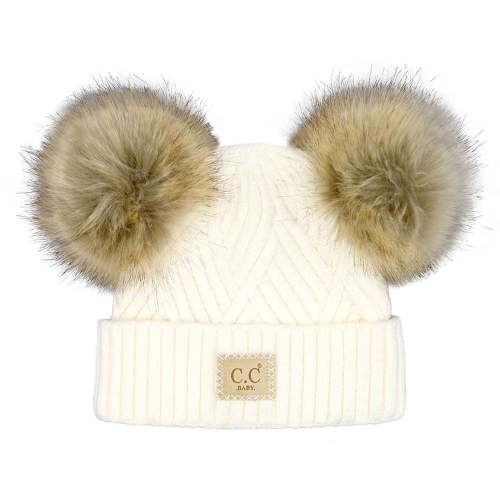 C.C Kids' Babies' Soft Stretch Cable Knit Faux Fur Pom Pom Beanie Hat, Criss Cross White
