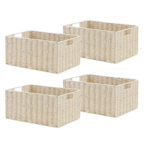 Handcrafted Paper Rope Storage Basket Set of 4, Foldable Natural Organizer Bins with Handles for Shelves, Bathroom, and Home Styling, Beige