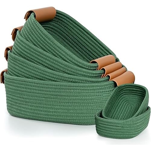 Storage Basket Set of 6 - 4 with Leather Handle & 2 Small Gift Baskets - Woven Storage Cotton Rope Basket for Organizing, Rectangle Bins for Shelves, Nursery, Dog Toy, Bathroom