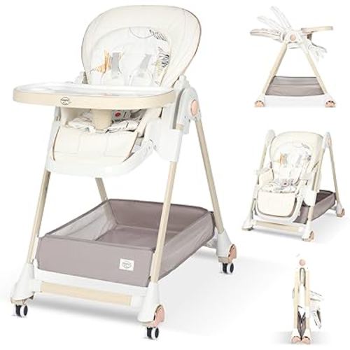 Baby High Chair for Babies & Toddlers, High Chair w/Large Storage Basket, Adjustable Height, Footrest, Recline, Foldable high Chair w/Cushion, Removable Tray, high Chairs with Wheels, White