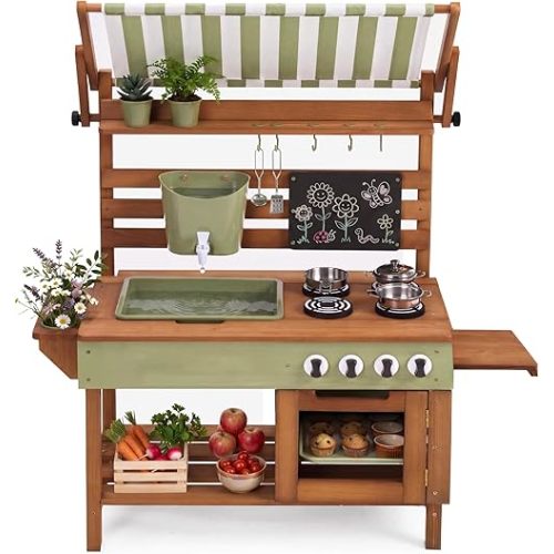 Best Choice Products Mud Kitchen for Kids Outdoor, Deluxe Wooden Play Kitchen with Canopy, Water Tank & Faucet, Sink, 14-Piece Accessories, Gardening Toy, Backyard Pretend Cooking Set- Olive