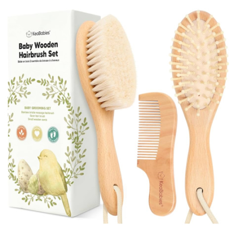 Baby Hair Brush and Comb Set for Newborn - Wooden with Soft Goat Bristle, Newborns Girl, Boy, Toddler Cradle Cap (Oval, Walnut)