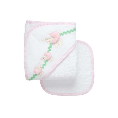 Lamb Applique Hooded Towel & Washcloth Set, Pink