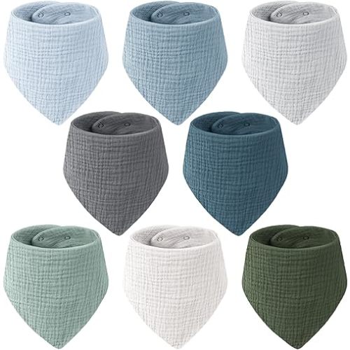Muslin Baby Bibs for Unisex, 100% Cotton Soft and Absorbent Gender Neutral Set for Feeding and Drooling 8 Packs