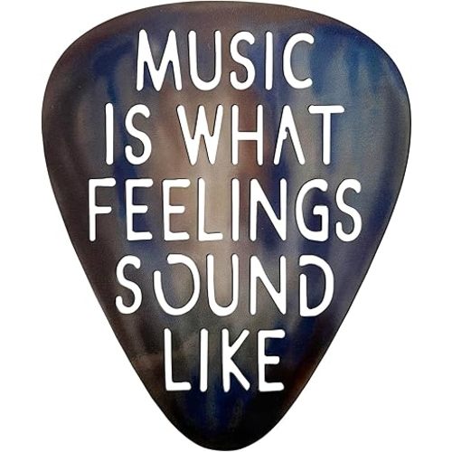 AZEZO Metal Guitar Pick Décor, 12’’x10’’ Music Wall Art, Stainless Guitar Wall Art, Featuring ‘Music Is What Feelings Sound Like’