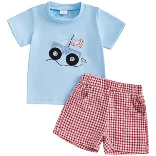 Toddler Boys Summer Clothes Funny Car Printed T-Shirt Plaid Shorts 2Pcs Little Kids Outfits Set