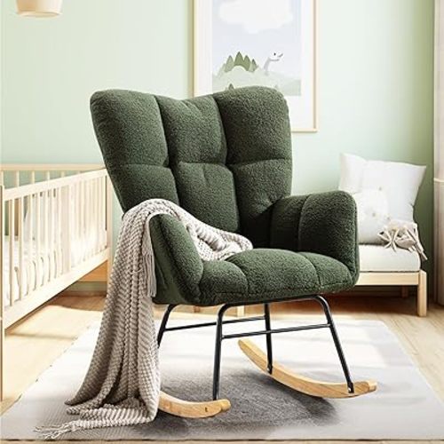 Teddy Rocking Chair Nursery 2 Side Pocket Accent Glider Rocker Lounge Chairs with Floor Protector for Nursery Room, Bedroom, Living Room, Small Space(Green)