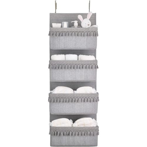 Dahey Over The Door Organizer Boho Nursery Storage Decor Closet Hanging Organizer with Tassels Decoration for Bedroom Nursery Bathroom Apartments Dorm Pantry, 4 Pockets, Grey