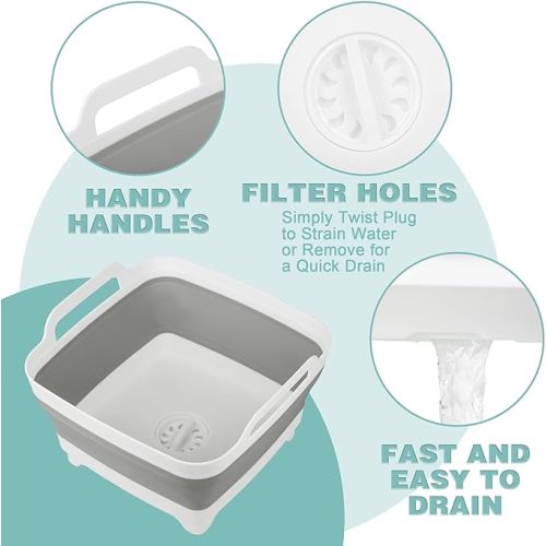 Dishpan for Washing Dishes, 2.4Gal/9L Wash Basin with Draining Plug Carry Handles, Collapsible Bucket for Cleaning, Portable Sink, Foldable Plastic Tub - Gray - 1 x 9L