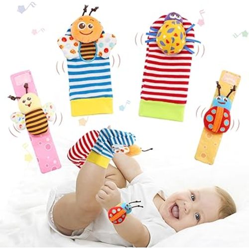 Wrist Rattle Foot Finder Sock for 0-36 Months Baby Boys and Girls, Newborn Baby Soft Hand & Feet Rattle 0-3 Years, Arm Leg Babies Development Toys for Infant Bebe (MBR-4 PCS)