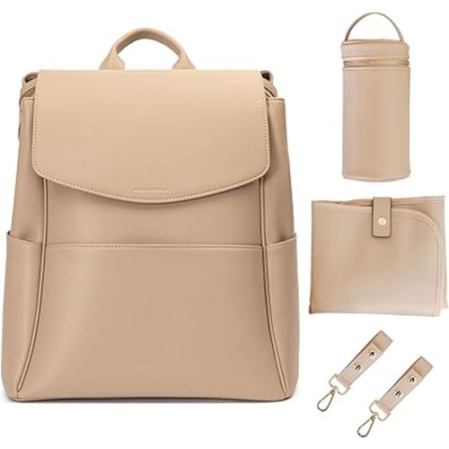 Leather Diaper Bag Backpack with USB Charging port, Changing Pad, Stroller Straps, and Bottle Holder (Beige Olivia)